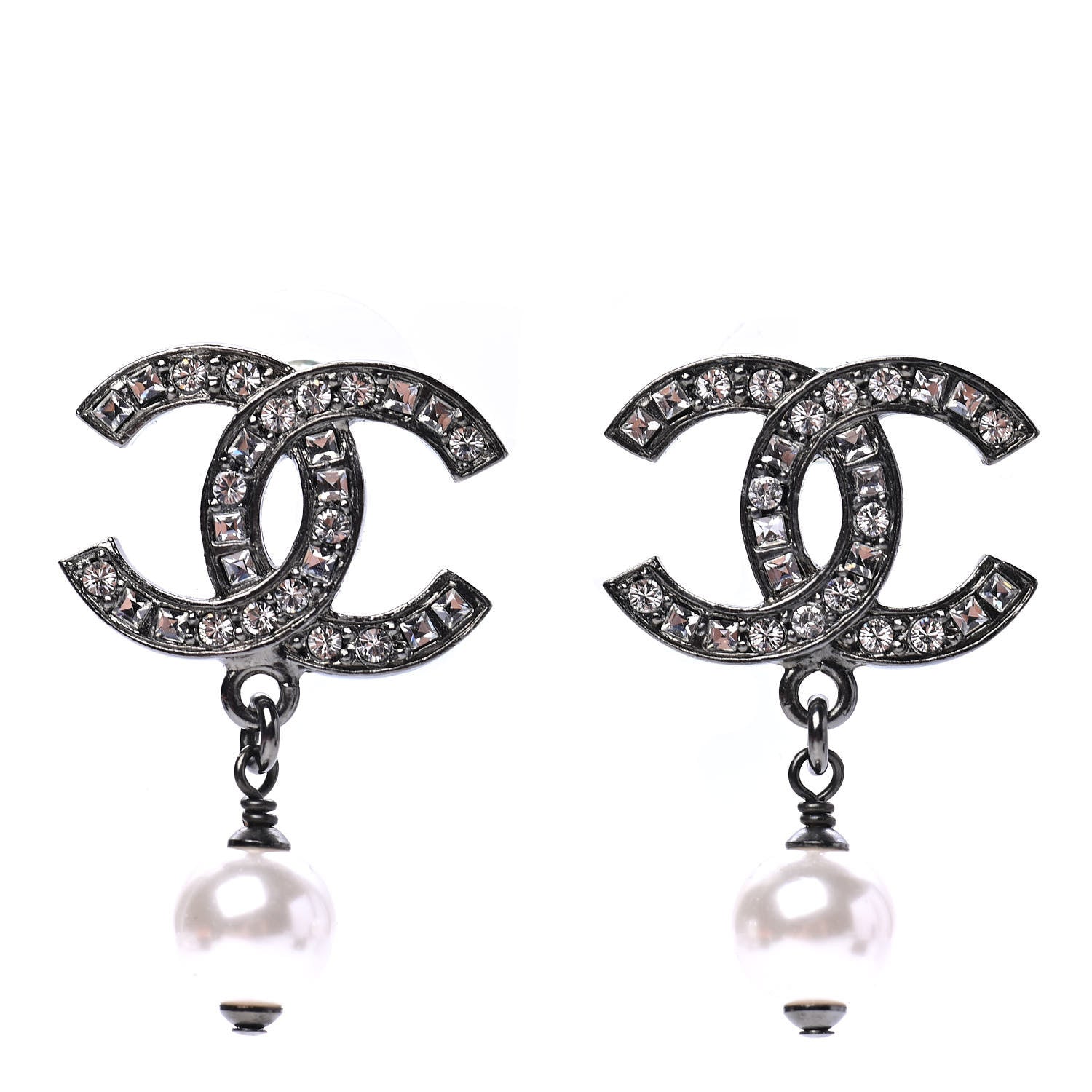 Chanel Ruthenium Crystal Pearl CC Drop Earrings 1 of 4