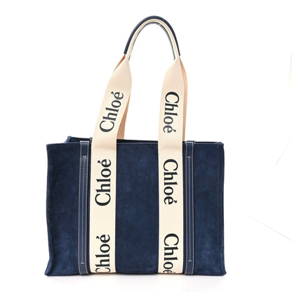 Chloe Suede Calfskin Medium Woody Ribbon Tote Navy 1 of 9