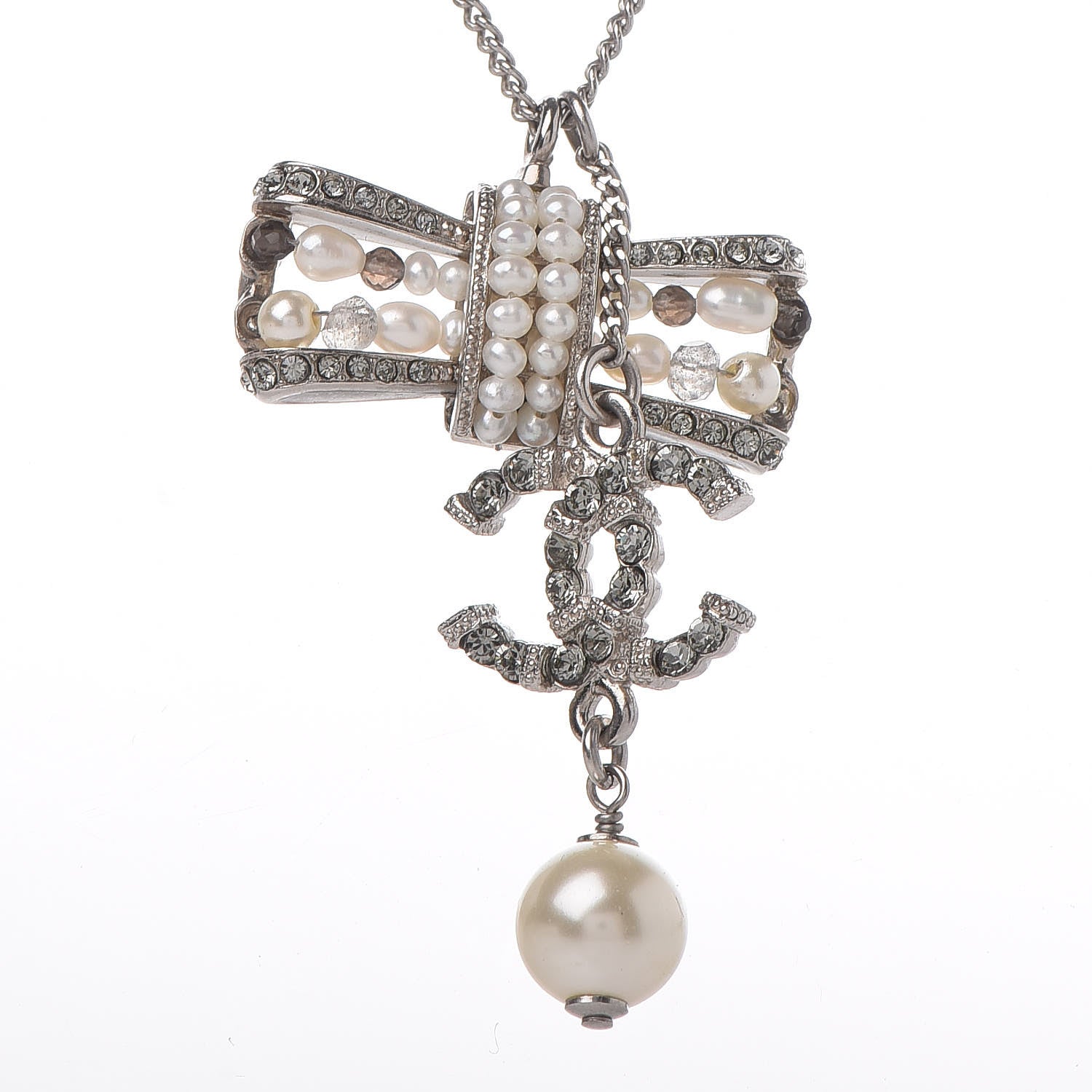 Chanel Crystal Pearl CC Bow Necklace Silver 4 of 5