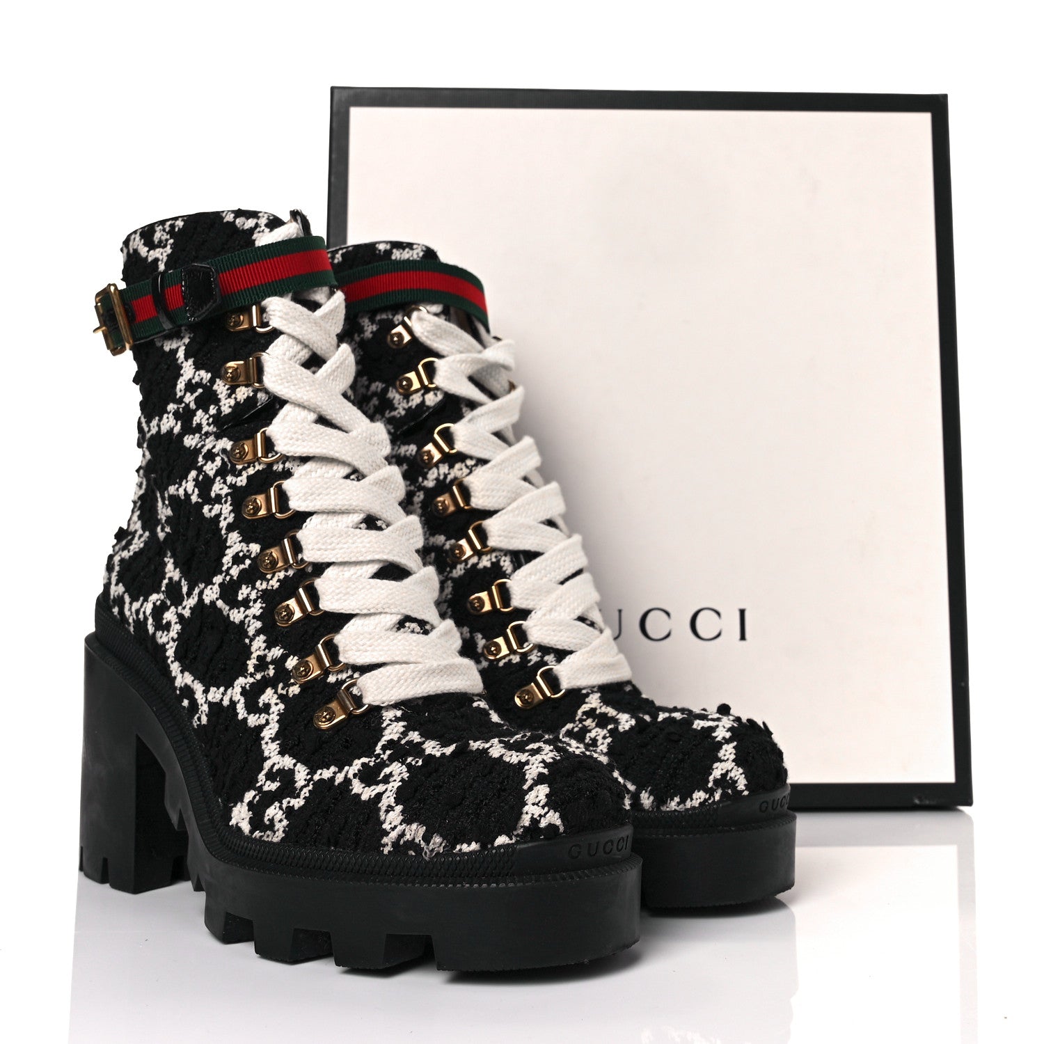Gucci Tweed GG Monogram Lace Up Combat Ankle Boots 40.5 Black 16 of 16