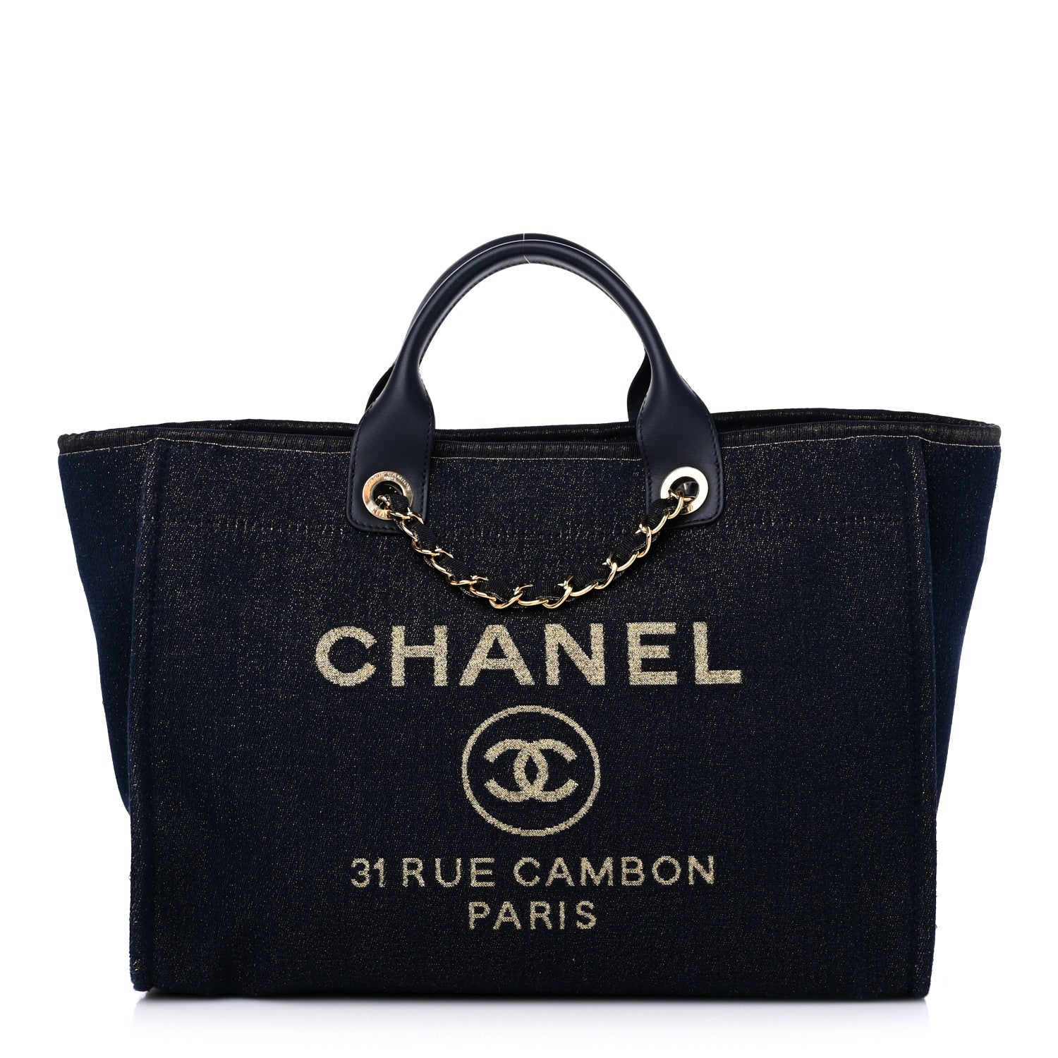 Chanel Lurex Canvas Medium Deauville Tote Navy Blue Gold 1 of 9