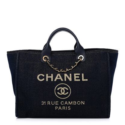 Chanel Lurex Canvas Medium Deauville Tote Navy Blue Gold 1 of 9