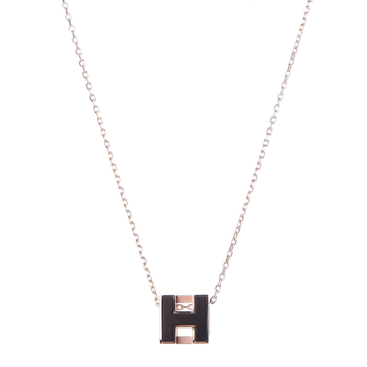 Hermes Rose Gold Lacquered Cage d'H Pendant Necklace Black 1 of 7