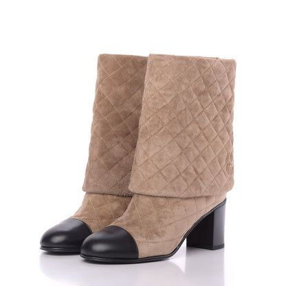 Chanel Suede Quilted Foldover CC Clover Short Boots 40 Beige Black 2 of 11