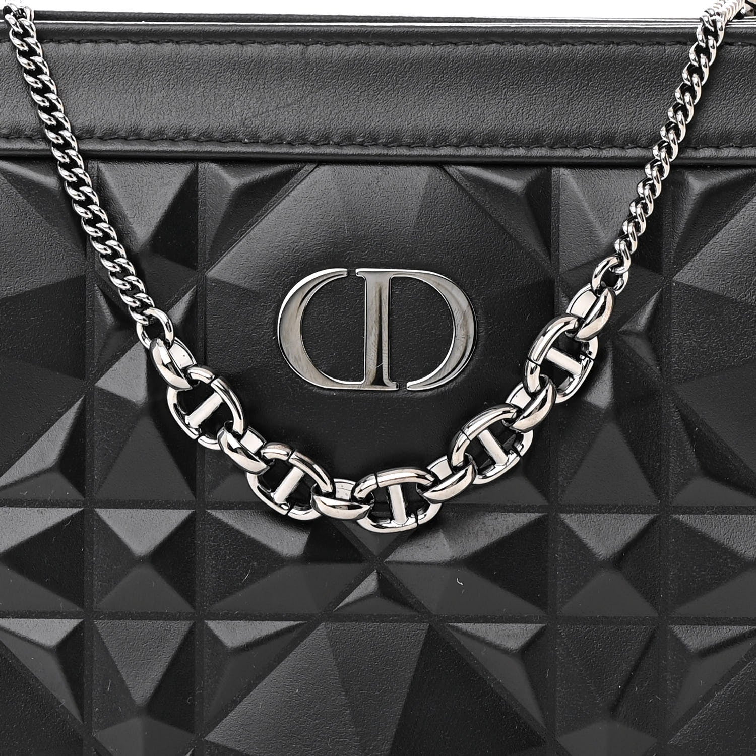 Christian Dior Calfskin Macrocannage Diamond Caro Zipped Pouch With Chain Black 9 of 11