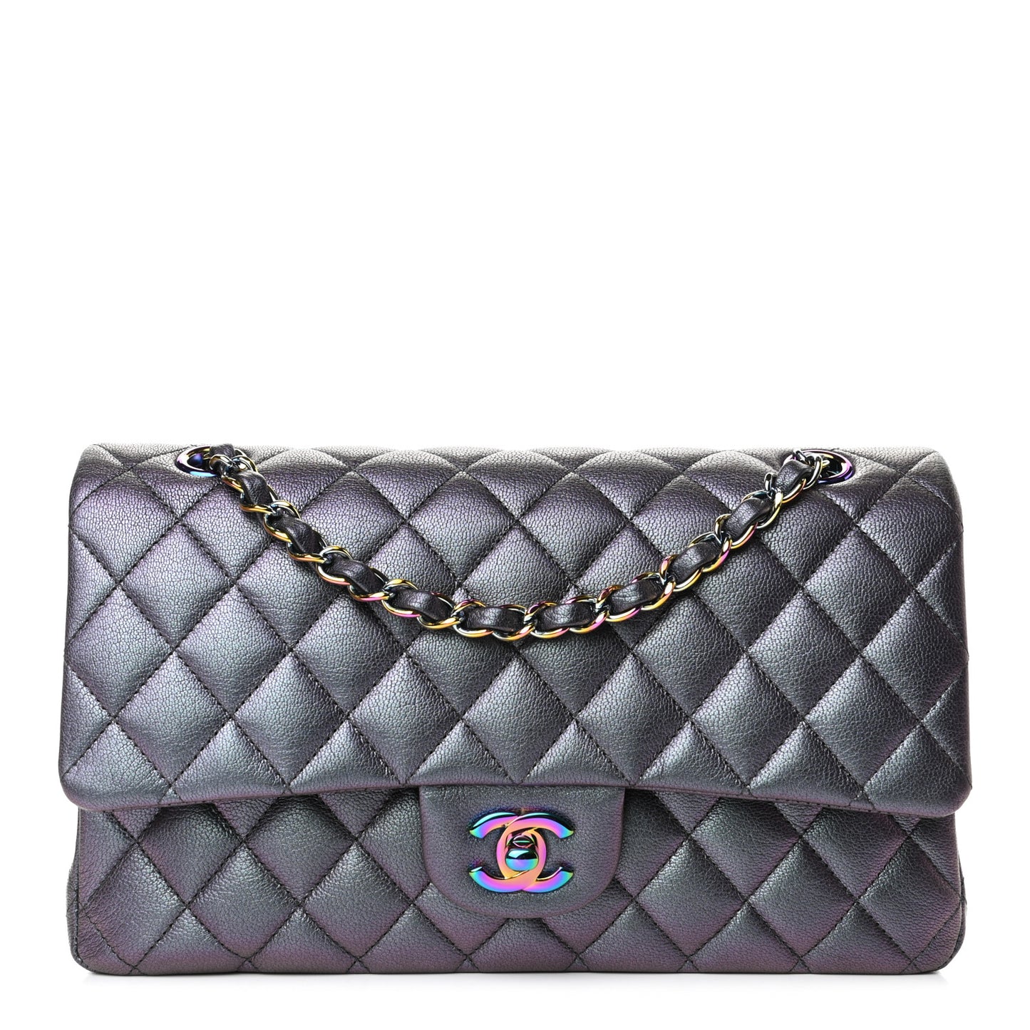 Iridescent Goatskin Quilted Medium Double Flap Purple