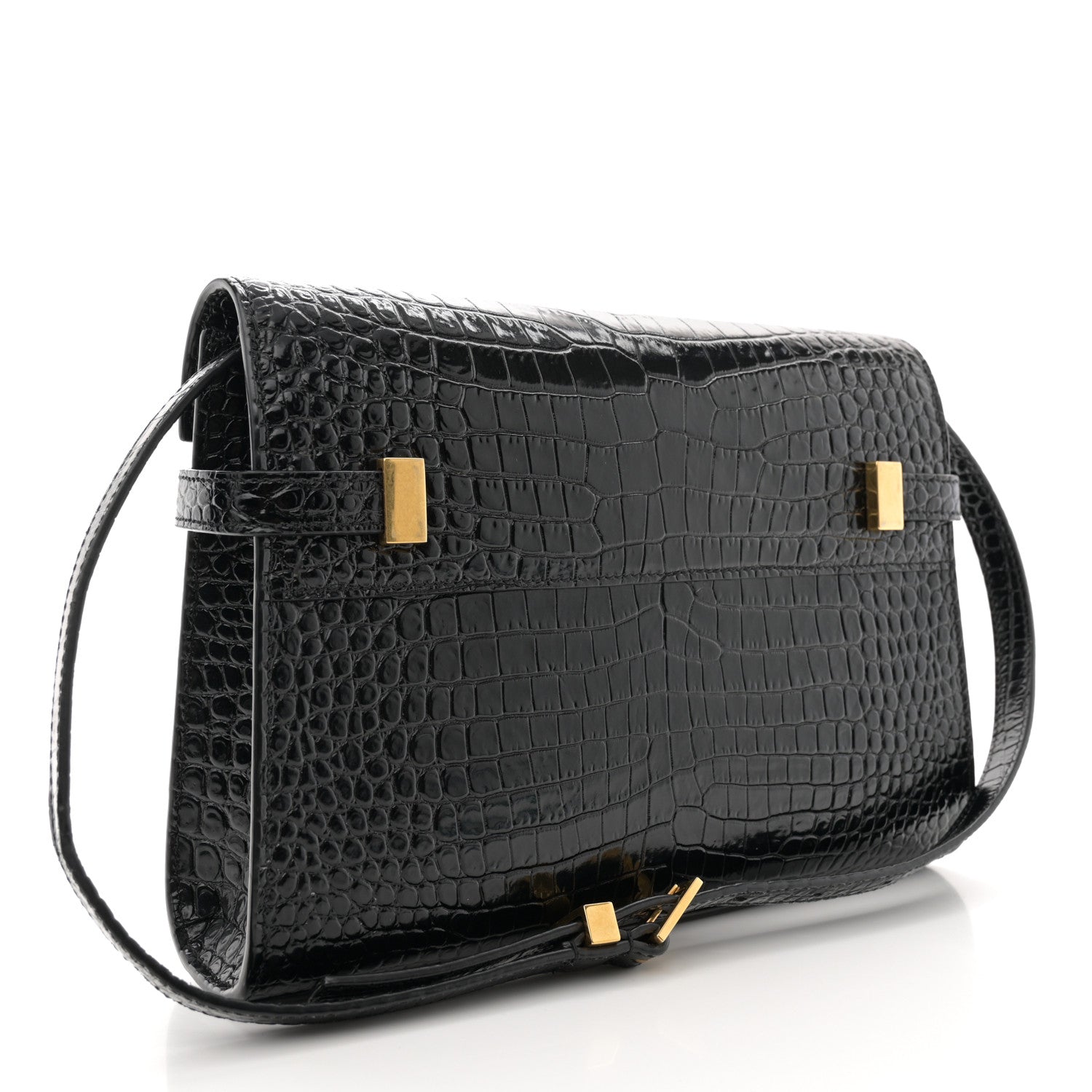 Saint Laurent Shiny Calfskin Crocodile Embossed Small Manhattan Baguette Black 3 of 11