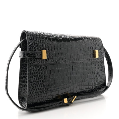 Saint Laurent Shiny Calfskin Crocodile Embossed Small Manhattan Baguette Black 3 of 11