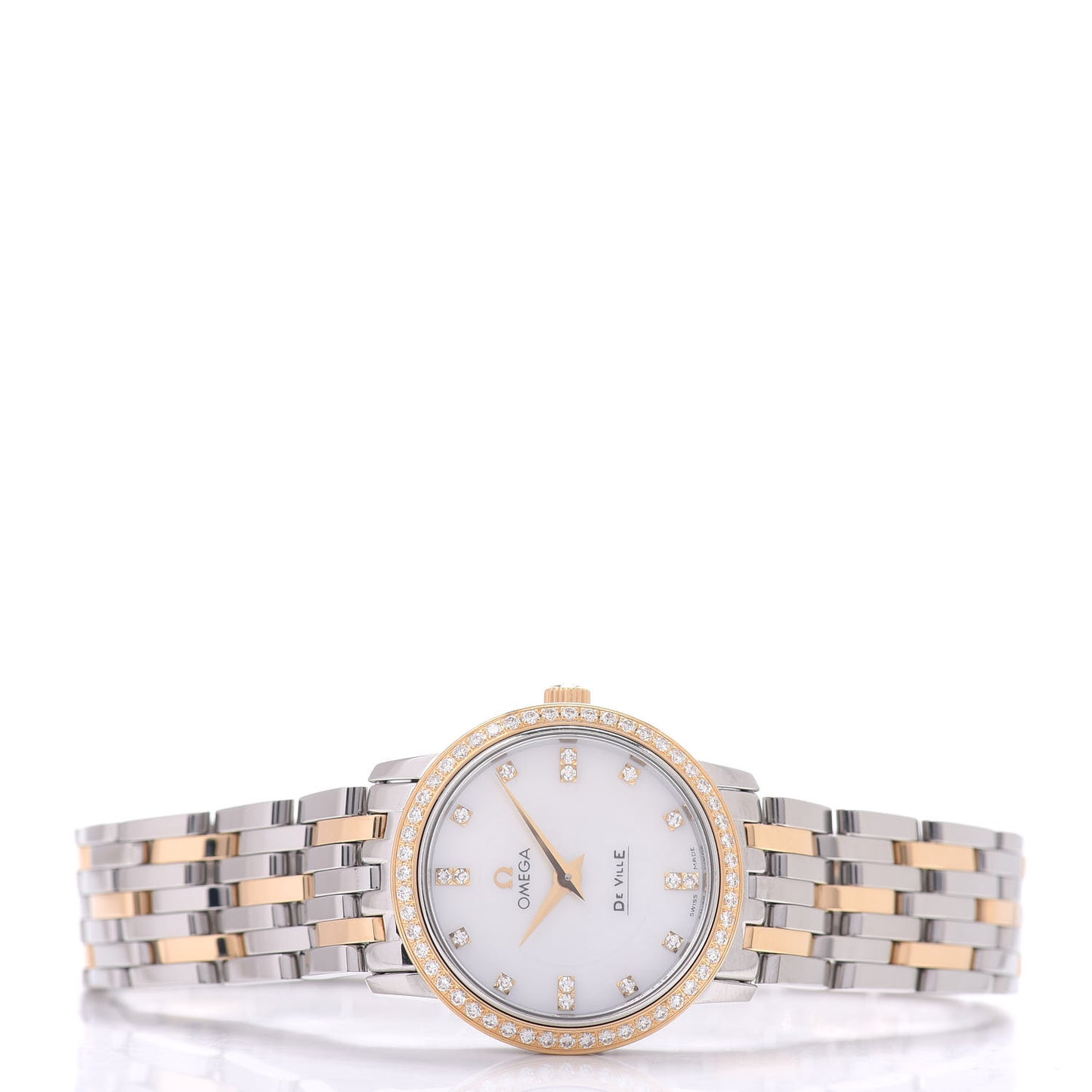 Stainless Steel 18K Yellow Gold Diamond Bezel Mother of Pearl 27mm De Ville Quartz Watch 413.25.27.60.55.001