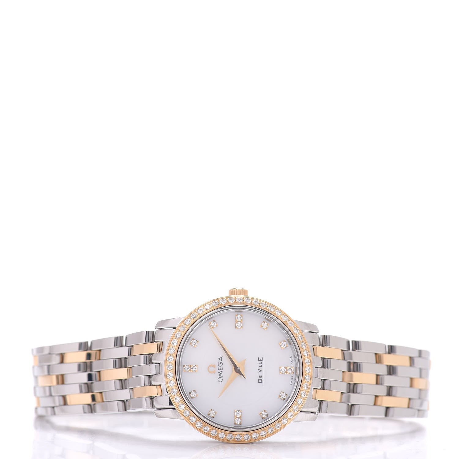 Omega Stainless Steel 18K Yellow Gold Diamond Bezel Mother of Pearl 27mm De Ville Quartz Watch 413.25.27.60.55.001 2 of 4