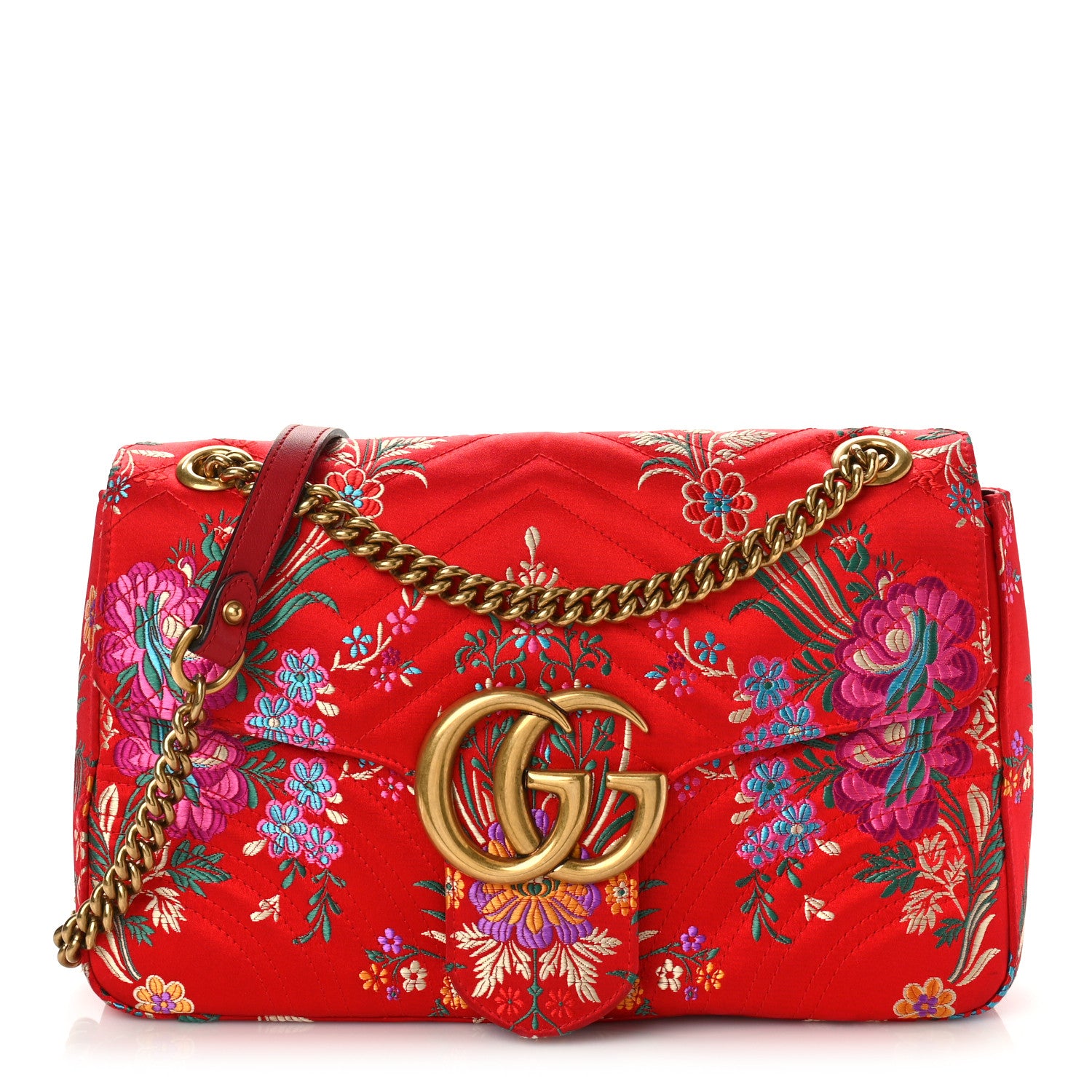 Gucci Jacquard Matelasse Floral Medium GG Marmont Shoulder Bag Red 1 of 10