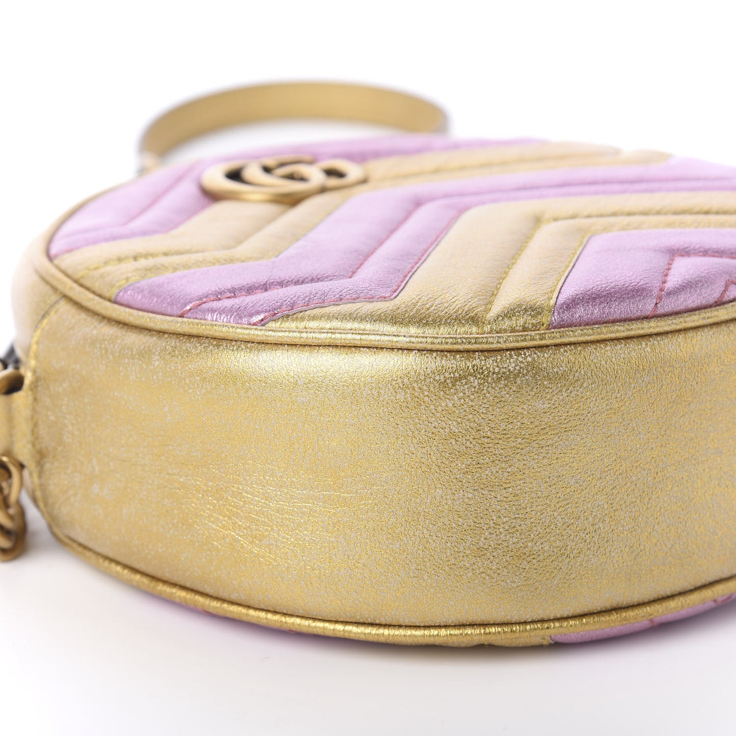 Metallic Calfskin Matelasse Mini GG Marmont Round Shoulder Bag Gold Pink