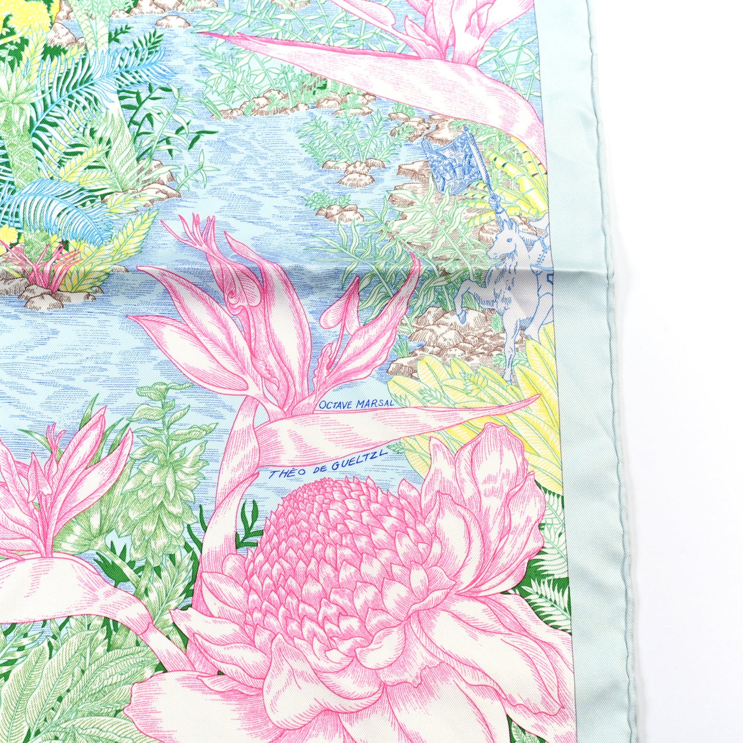 Silk Twill Faubourg Tropical Scarf 90 Bleu Vert Jaune