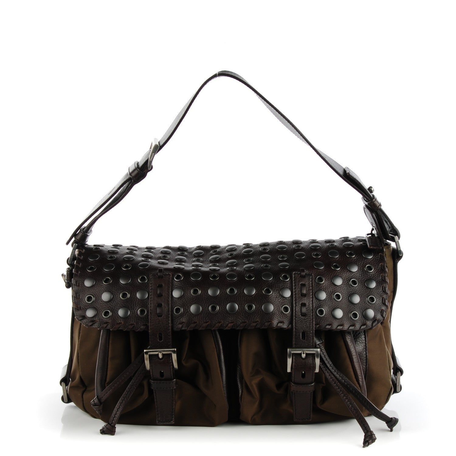 Prada Tessuto Nylon Calfskin Studded Shoulder Bag Bruciato 1 of 7
