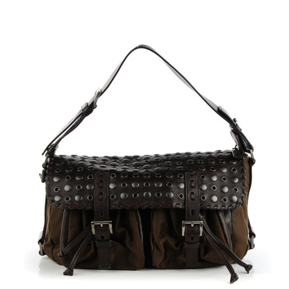 Prada Tessuto Nylon Calfskin Studded Shoulder Bag Bruciato 1 of 7