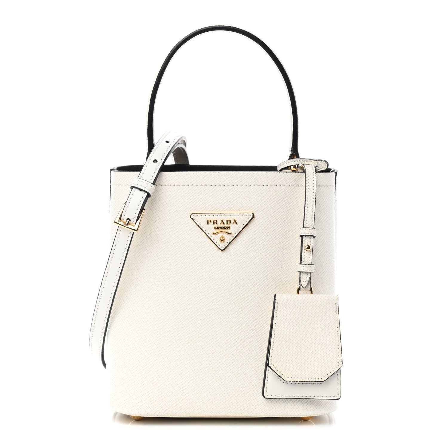 Prada Saffiano Cuir Calfskin Small Panier Bucket Bag White Black 1 of 8