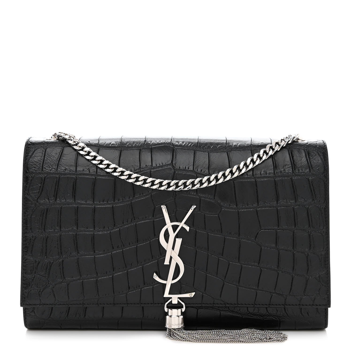Saint Laurent Calfskin Crocodile Embossed Medium Classic Monogram Kate Tassel Satchel Black 1 of 10