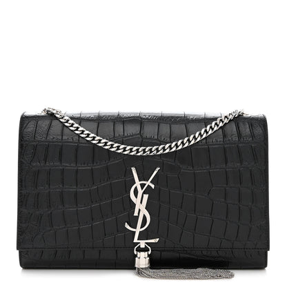 Saint Laurent Calfskin Crocodile Embossed Medium Classic Monogram Kate Tassel Satchel Black 1 of 10