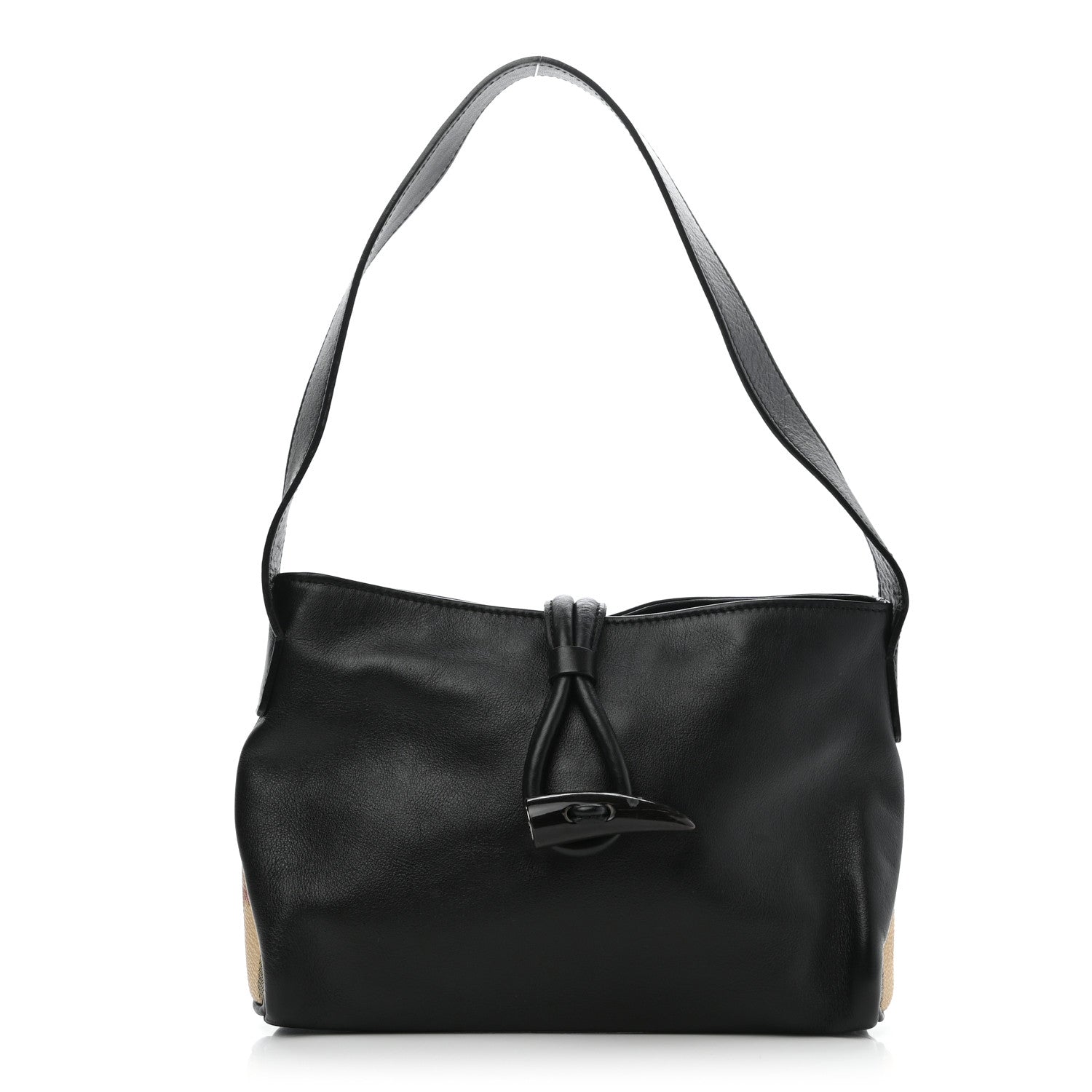 Burberry Grainy Calfskin Haymarket Check Horn Toggle Shoulder Bag Black 1 of 8