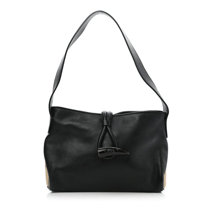 Burberry Grainy Calfskin Haymarket Check Horn Toggle Shoulder Bag Black 1 of 8