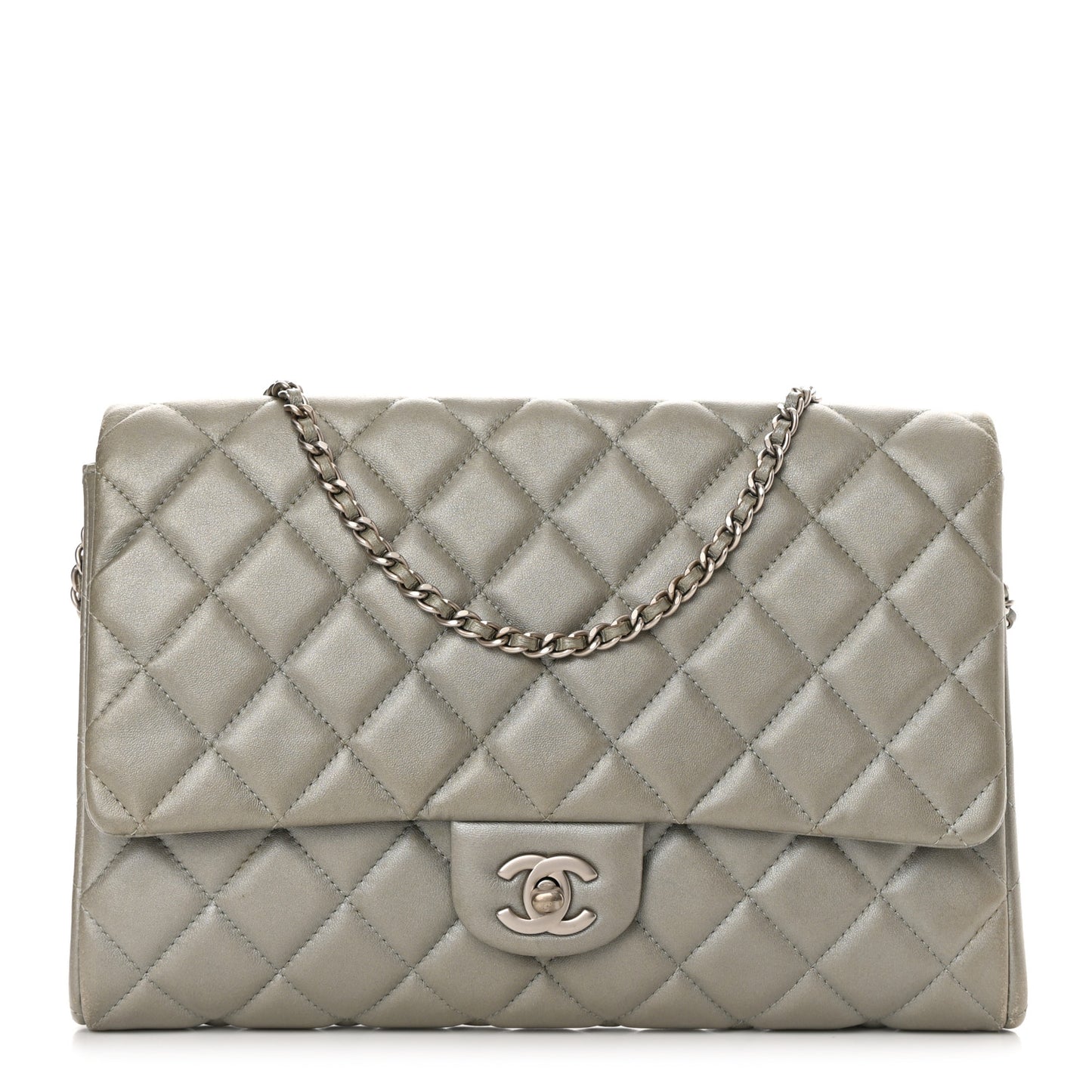Lambskin Quilted Clutch With Chain Flap Grey