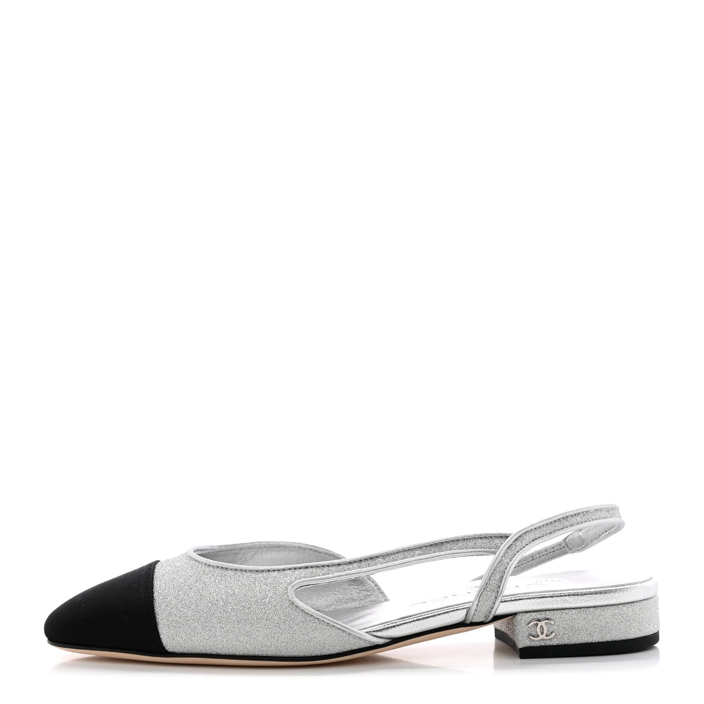 Glitter Calfskin Grosgrain CC Slingback Flats 37 Black Silver