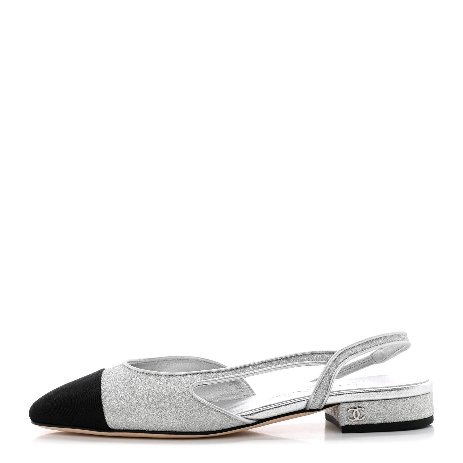 Chanel Glitter Calfskin Grosgrain CC Slingback Flats 37 Black Silver 1 of 11