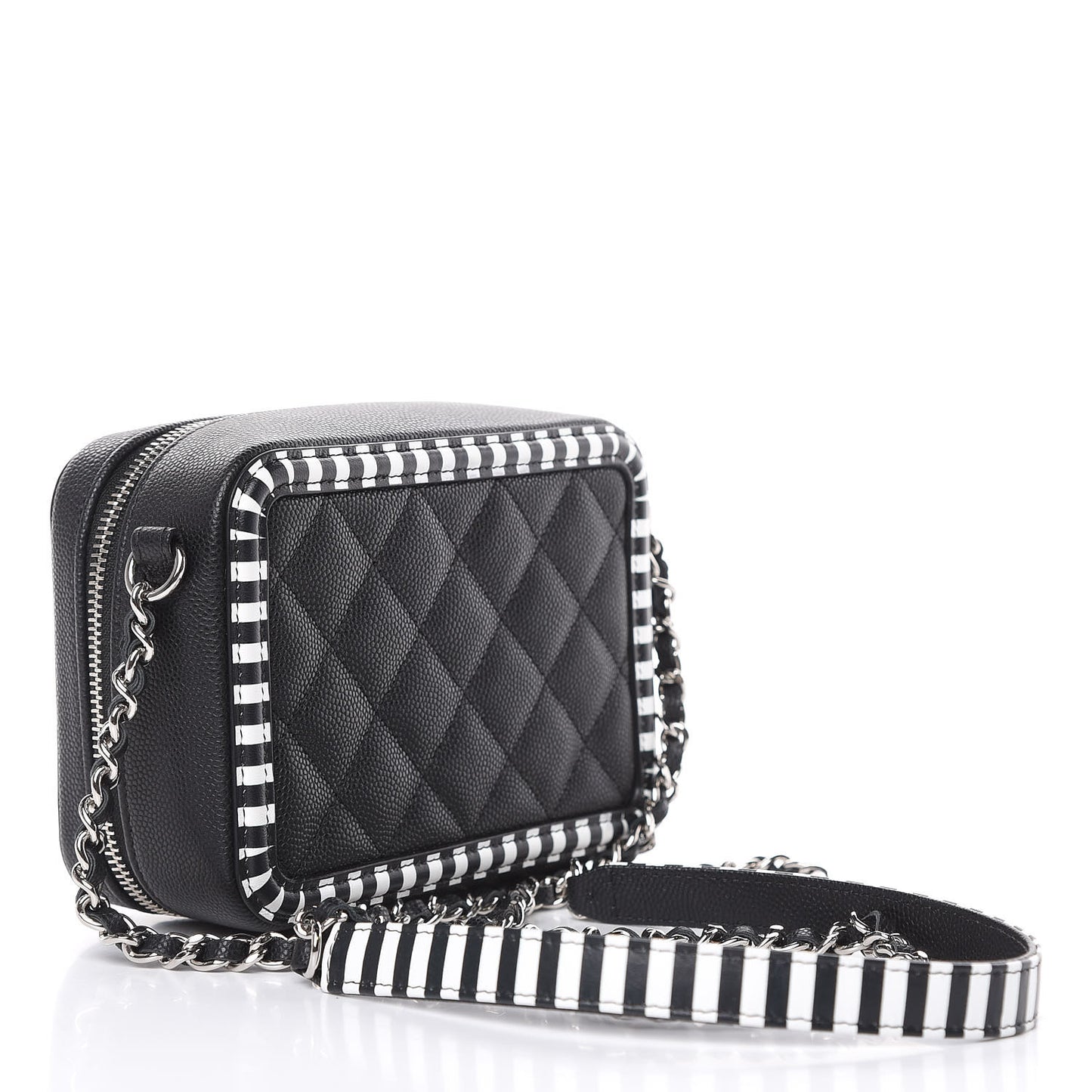 Caviar Quilted Striped Filigree Vanity Clutch With Chain Black White