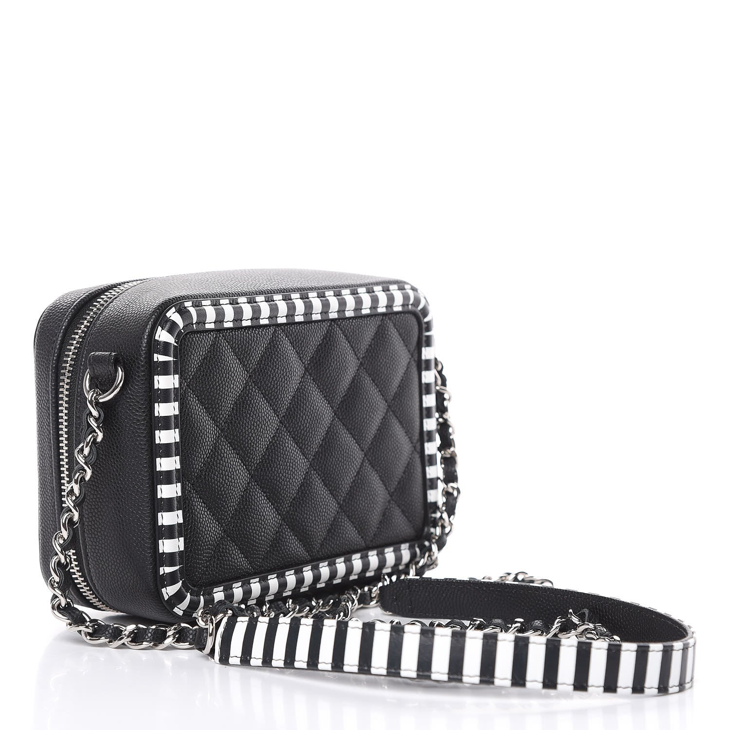 Chanel Caviar Quilted Striped Filigree Vanity Clutch With Chain Black White 3 of 9