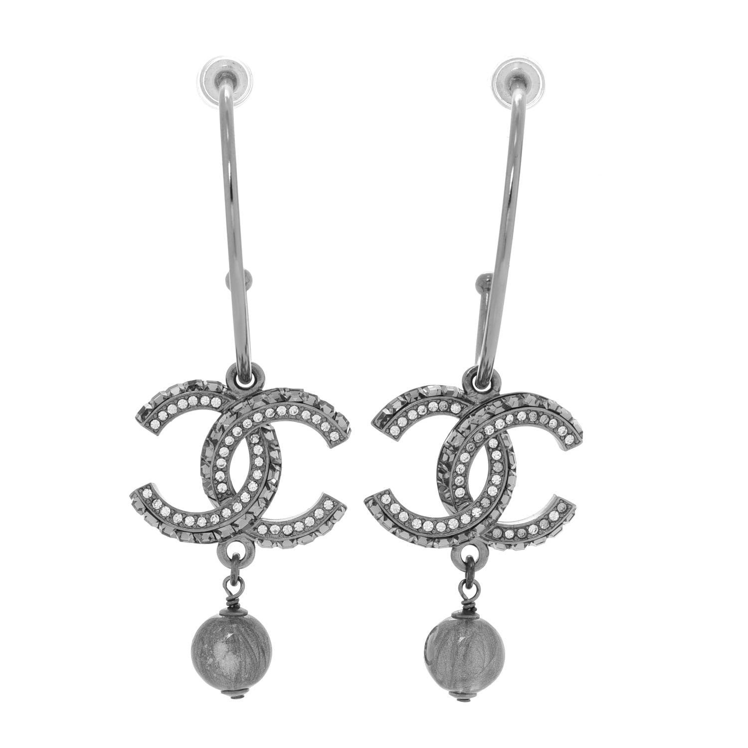 Chanel Ruthenium Crystal CC Hoop Drop Earrings 1 of 4