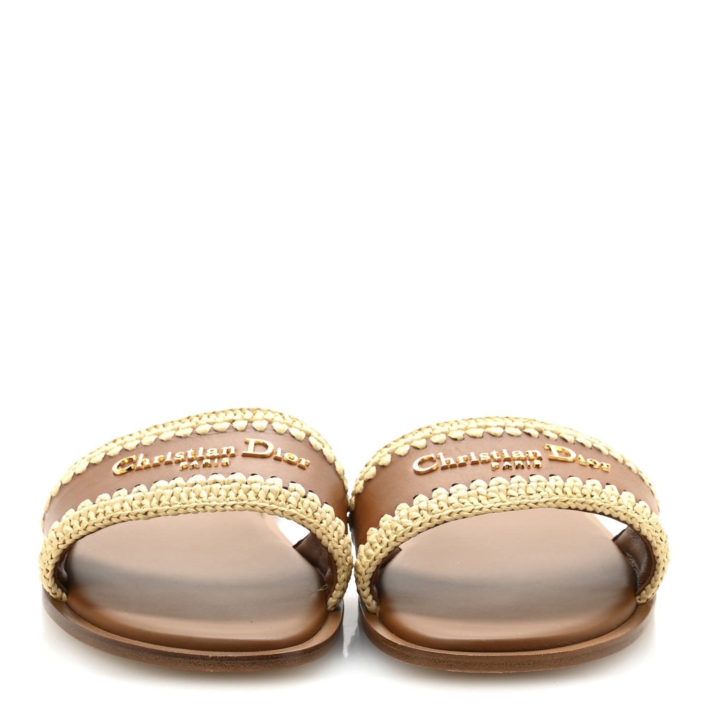 Calfskin Raffia Dioriviera D-Lane Flat Slide Sandals 38 Camel