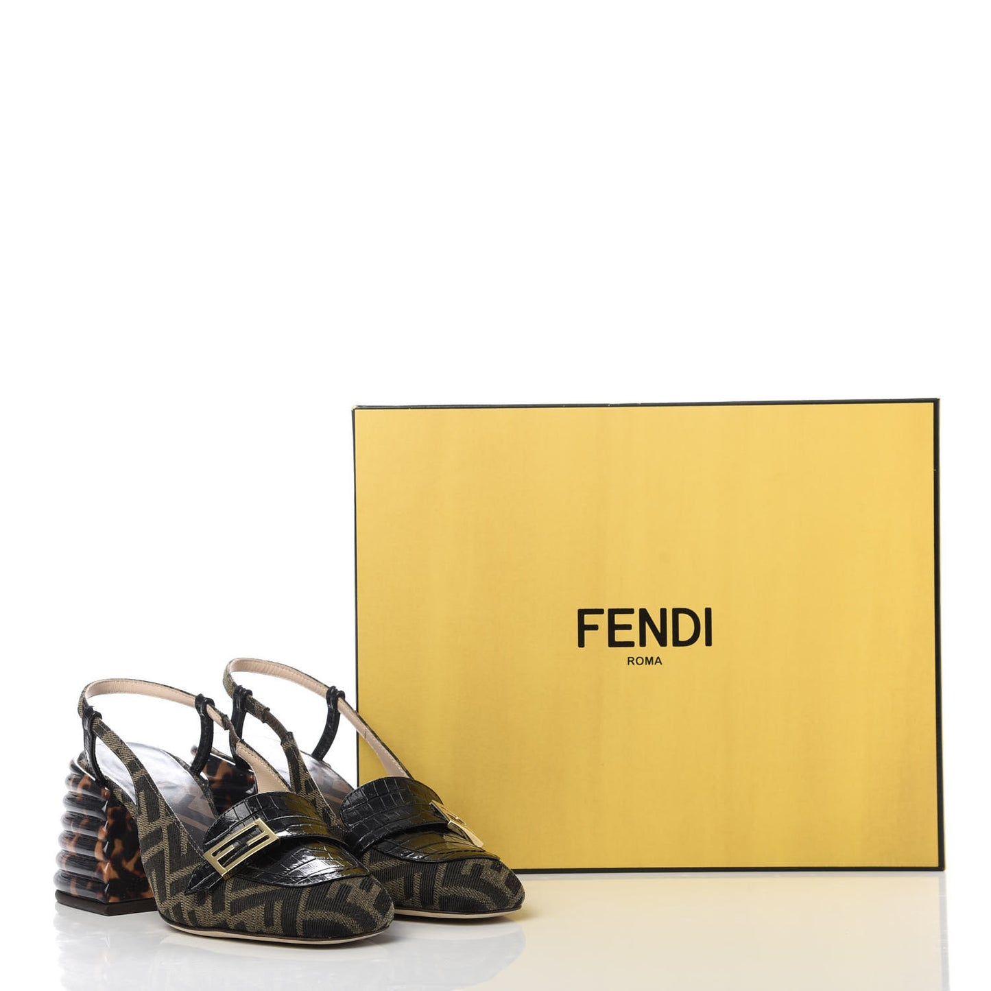 Jacquard Calfskin FF Tortoise Promenade Slingback Loafer Pumps 36.5 Tobacco