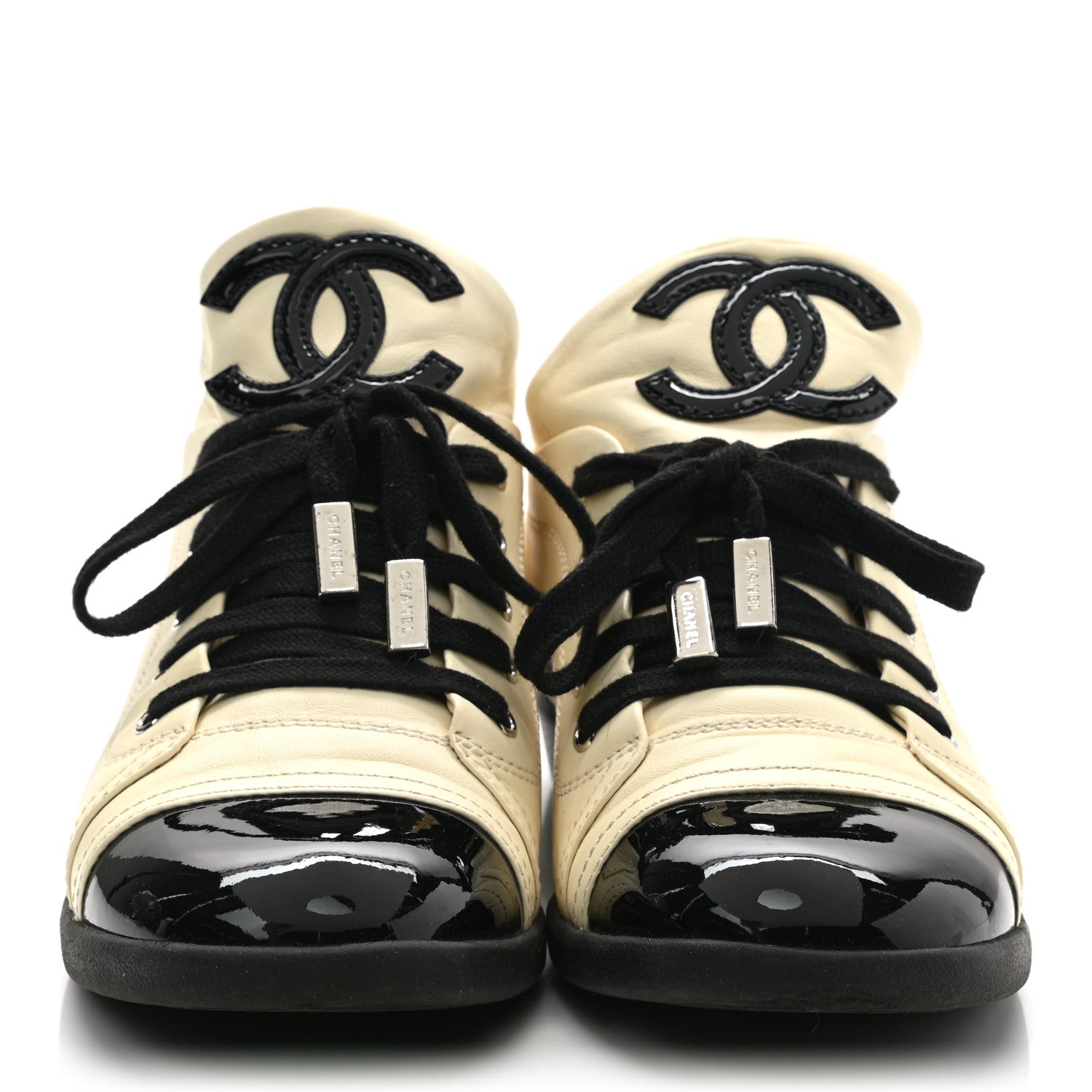 Chanel Lambskin Patent Calfskin CC Sneakers 37.5 White Black 2 of 9