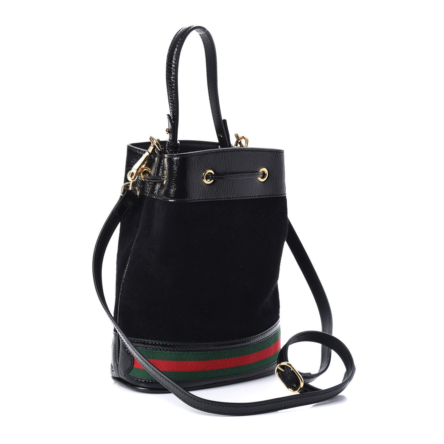 Suede Patent Web Small Ophidia Bucket Bag Black