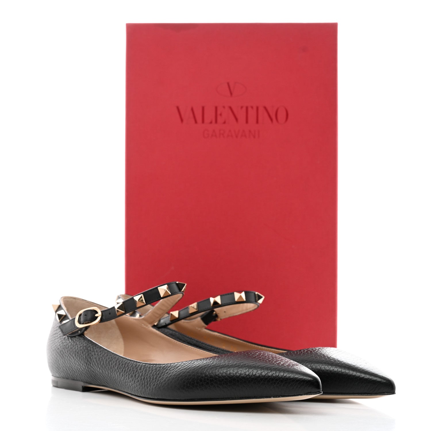 Valentino Garavani Pebbled Calfskin Rockstud Ankle Strap Ballerina Flats 39 Black 9 of 9