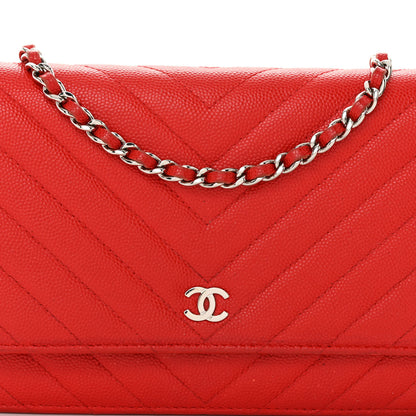 Chanel Caviar Chevron Quilted Wallet On Chain WOC Red 9 of 12