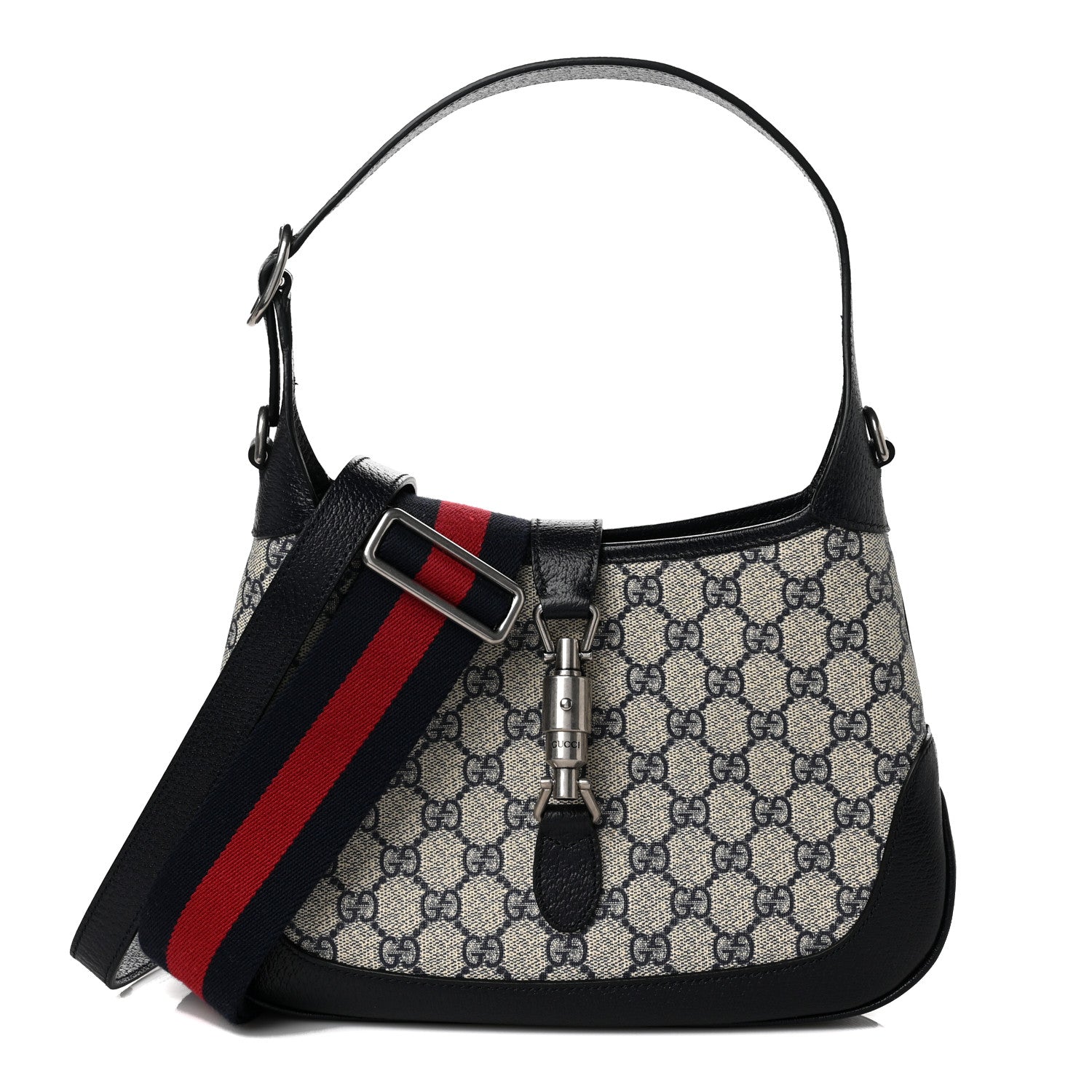 Gucci GG Supreme Monogram Textured Dollar Calfskin Web Small Jackie 1961 Hobo Beige Blue 1 of 10