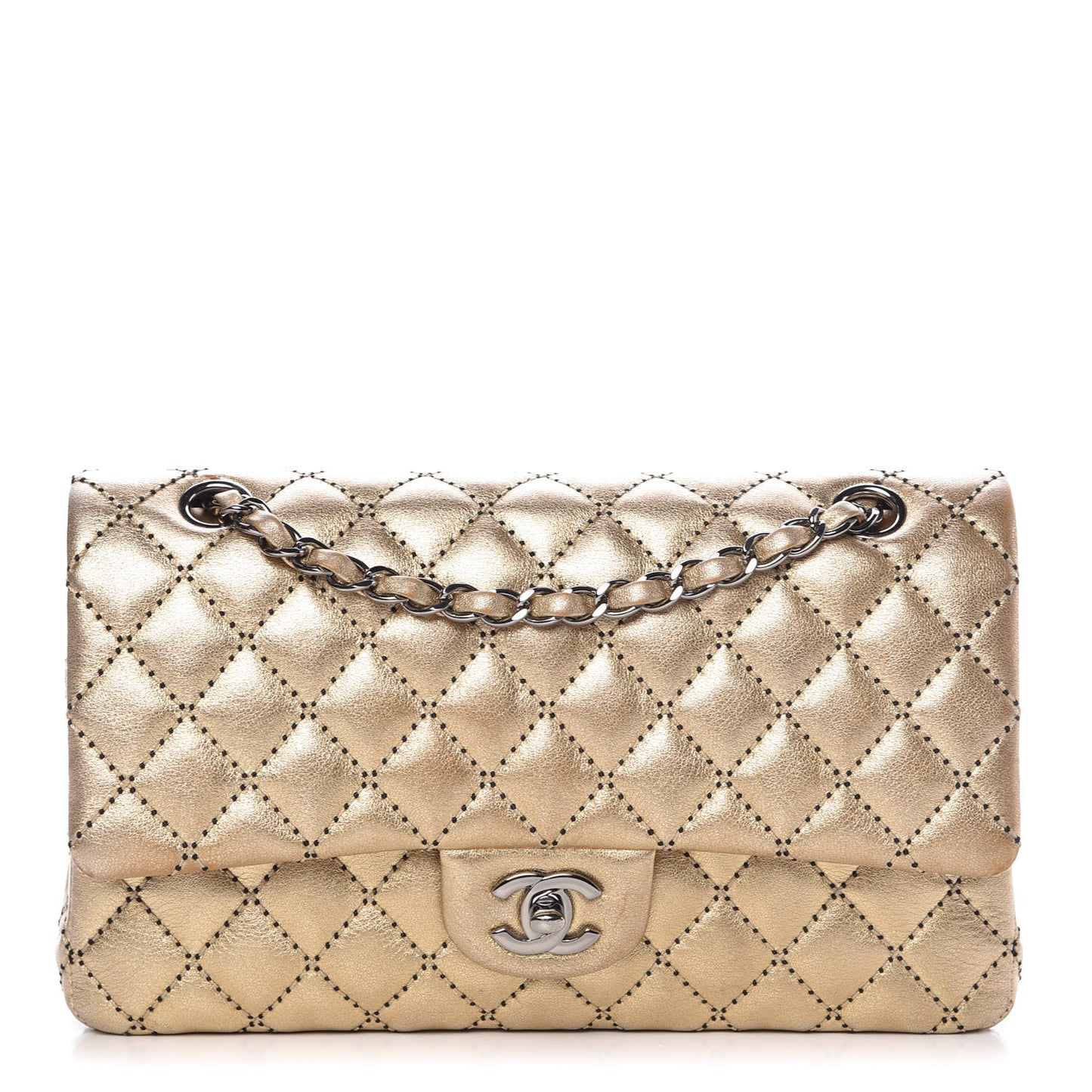 Metallic Washed Lambskin Quilted Medium Double Flap Dark Gold Black