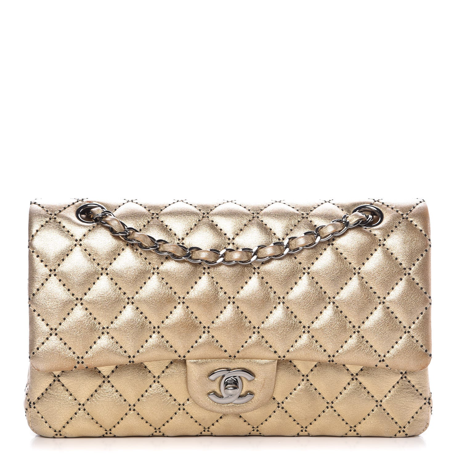 Chanel Metallic Washed Lambskin Quilted Medium Double Flap Dark Gold Black 1 of 18