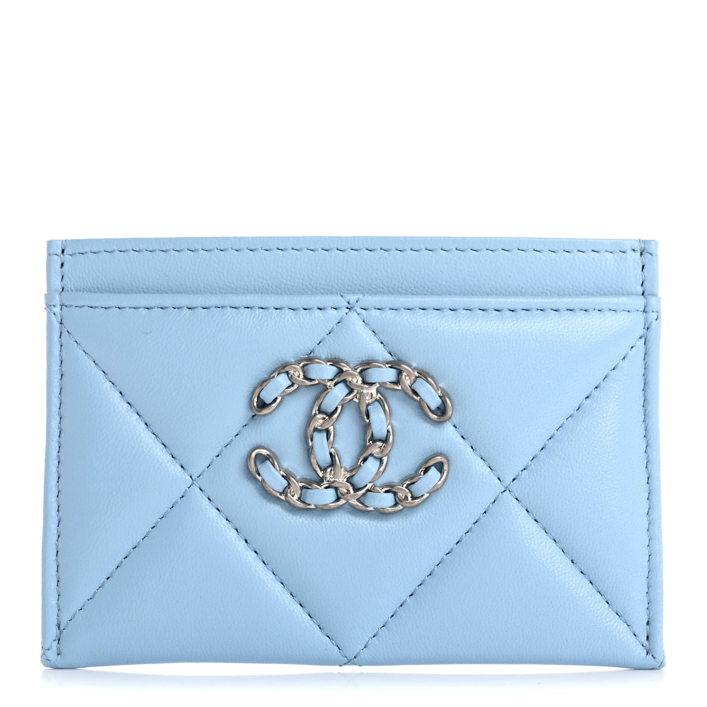 Lambskin Quilted Chanel 19 Card Holder Light Blue