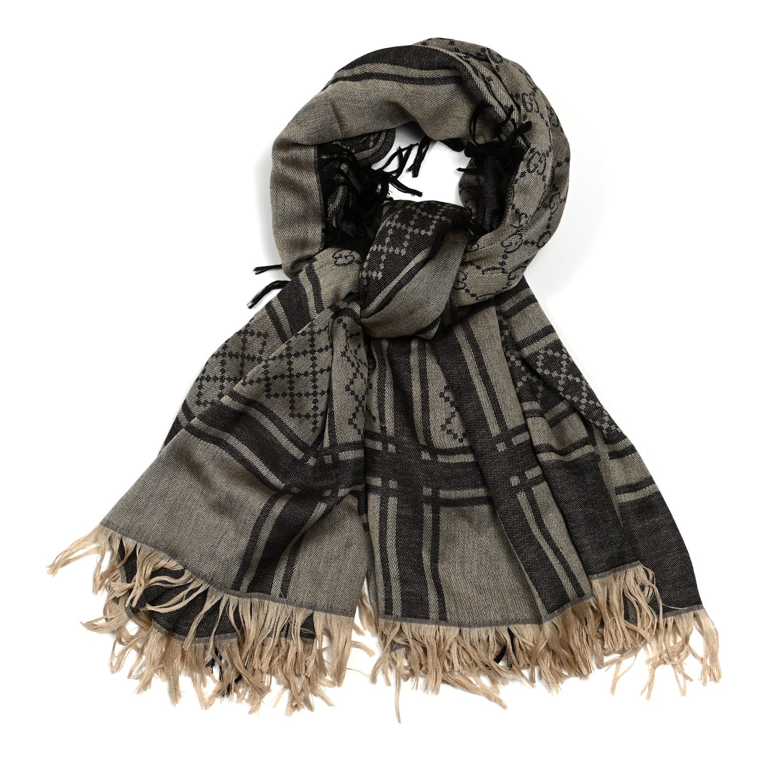 Gucci Wool Silk GG Monogram Diamante Plaid Surviee Shawl Beige Dark Brown 1 of 3