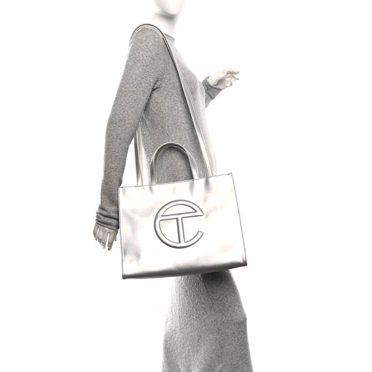 Metallic Vegan Leather Medium Shopping Bag Silver