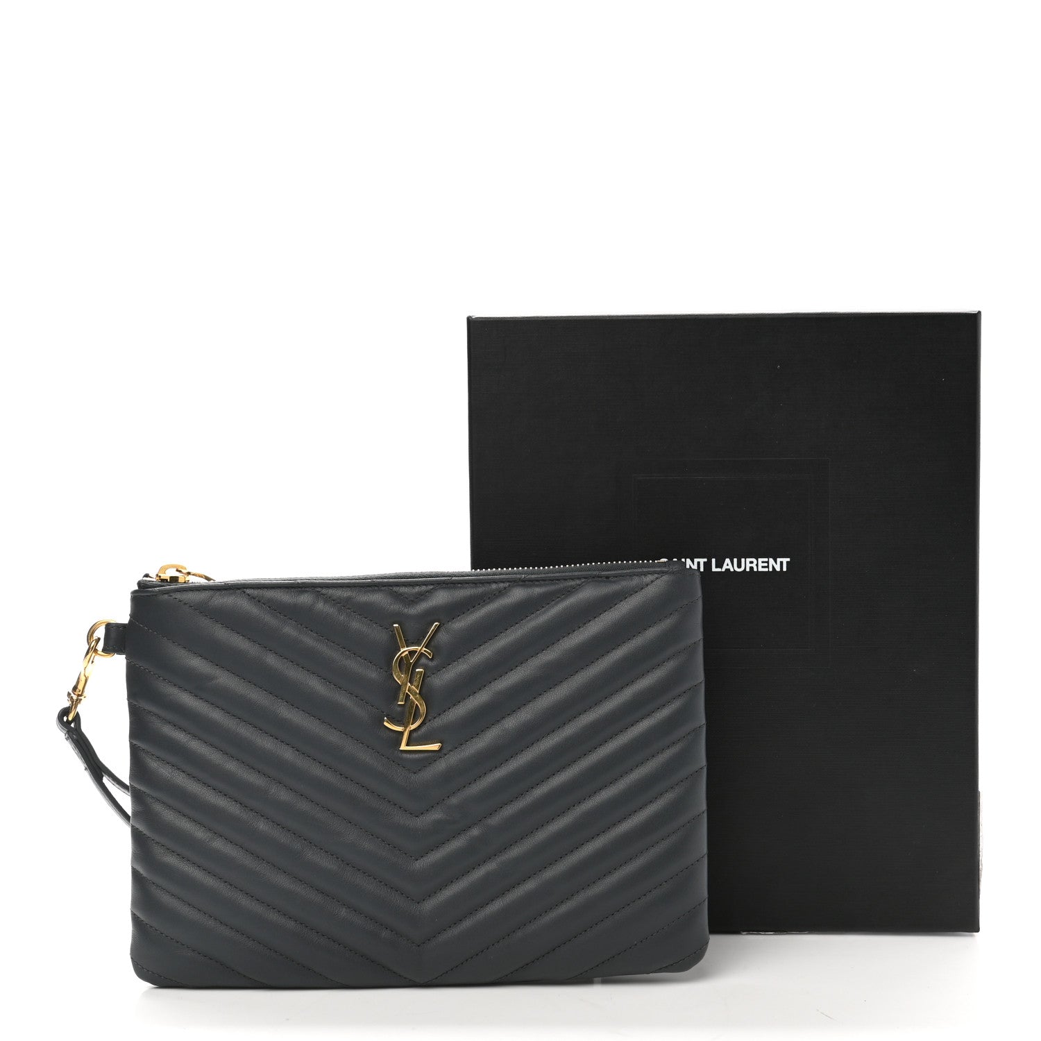 Saint Laurent Calfskin Matelasse Chevron Monogram A5 Wristlet Dark Smog 8 of 8