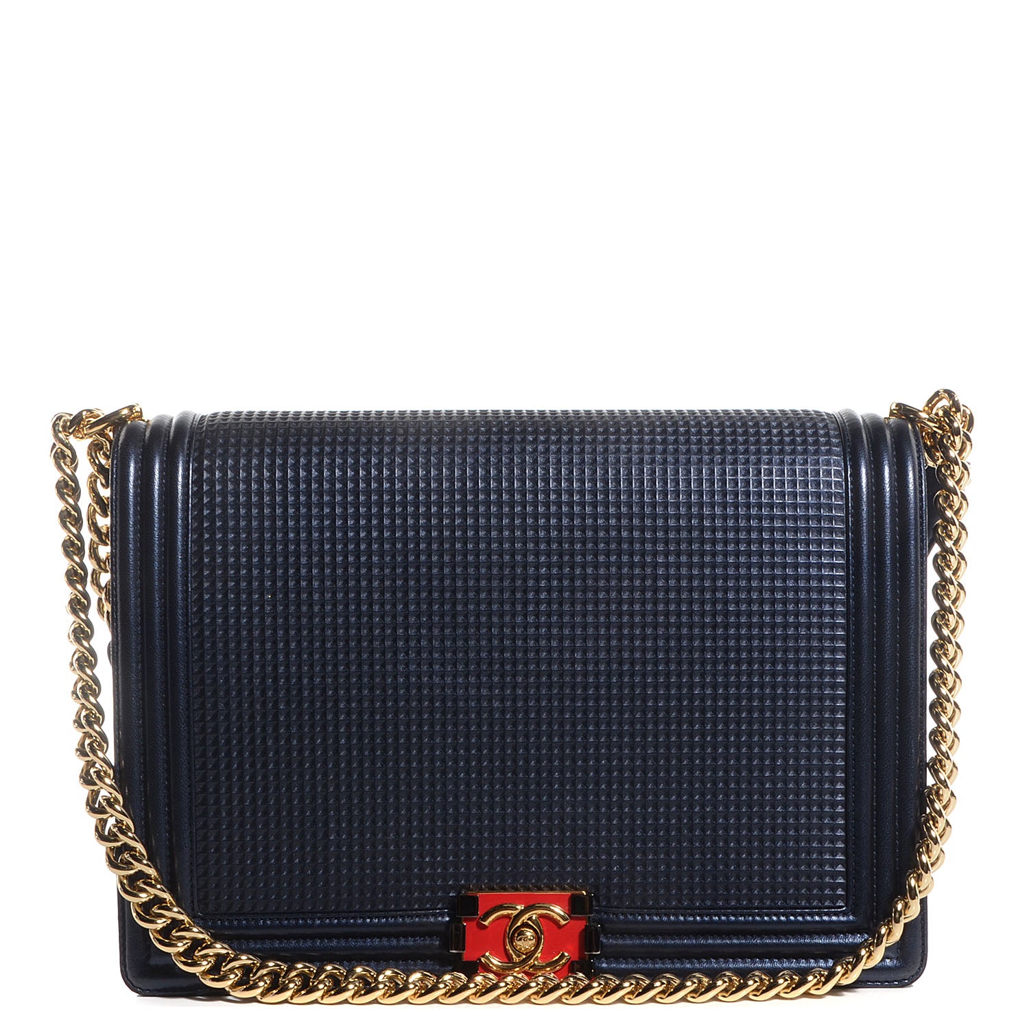 Chanel Lambskin Embossed Large Boy Cube Flap Navy Blue 1 of 8