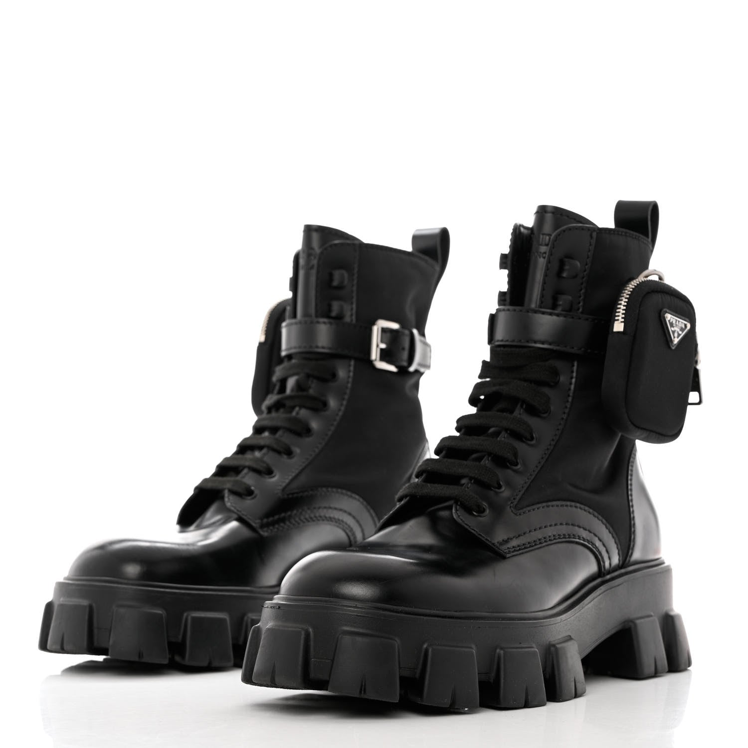 Prada Spazzolato Rois Re-Nylon Metal Triangle Logo Mens Monolith Pouch Pocket 60mm Combat Boots 9 Black 3 of 11