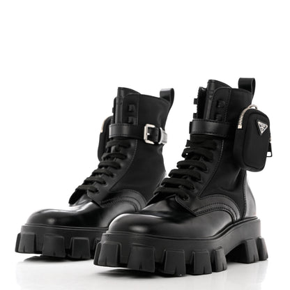 Prada Spazzolato Rois Re-Nylon Metal Triangle Logo Mens Monolith Pouch Pocket 60mm Combat Boots 9 Black 3 of 11