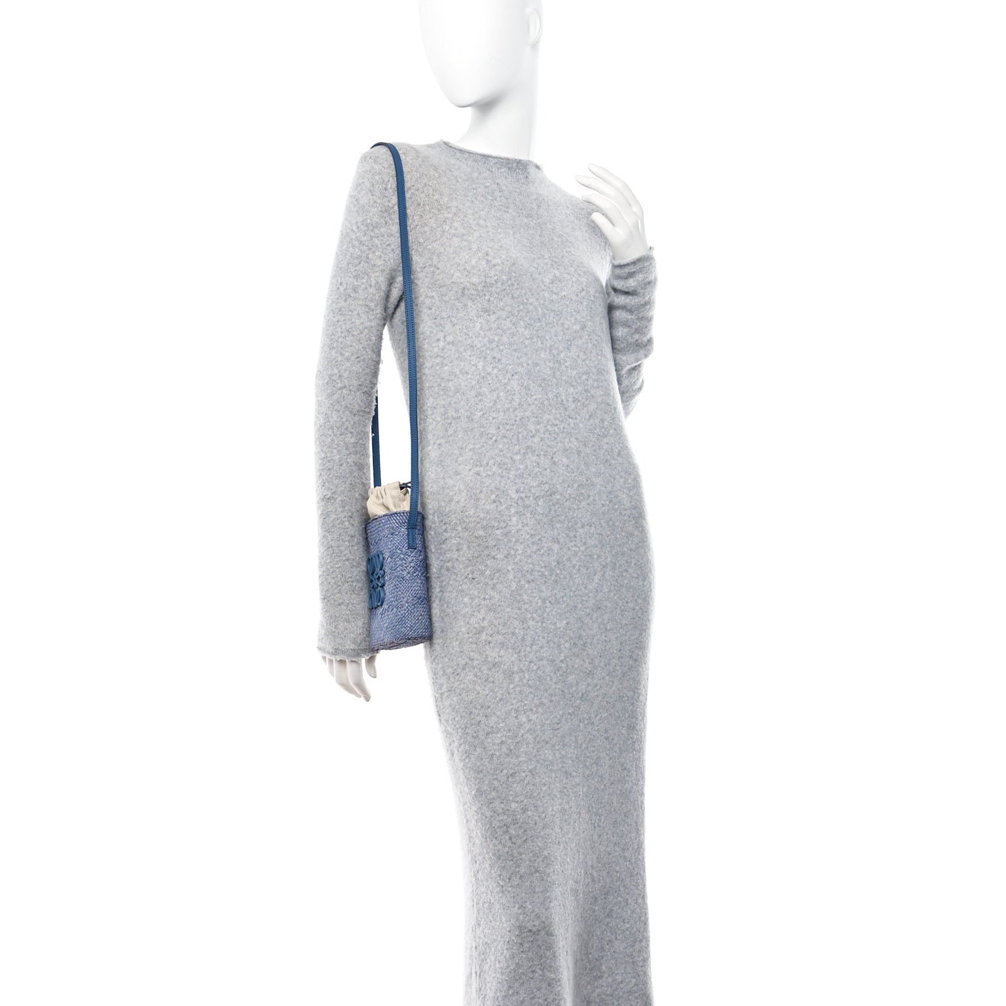 Iraca Palm Calfskin Anagram Square Pocket Bucket Bag Natural Denim Blue