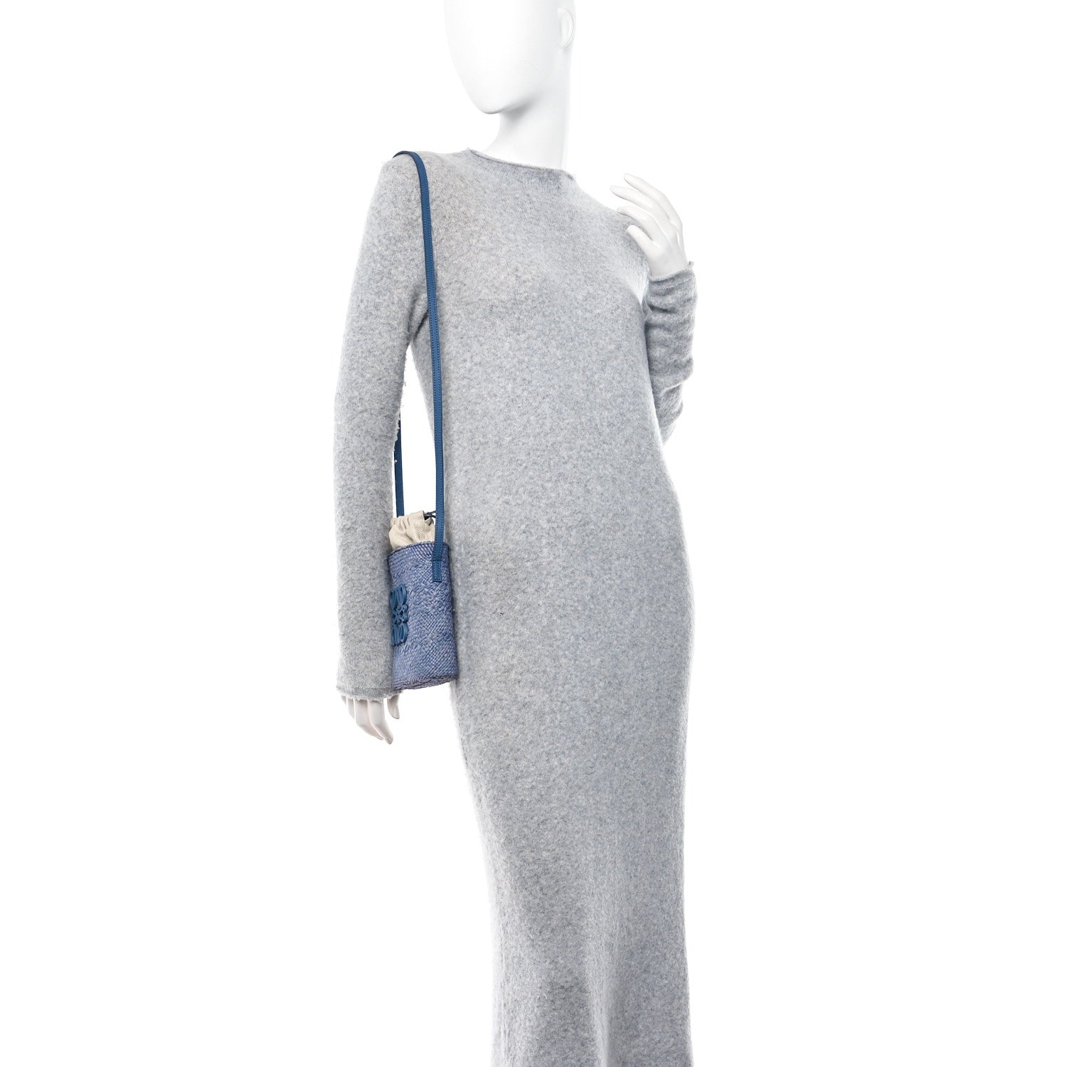 Loewe Iraca Palm Calfskin Anagram Square Pocket Bucket Bag Natural Denim Blue 2 of 11