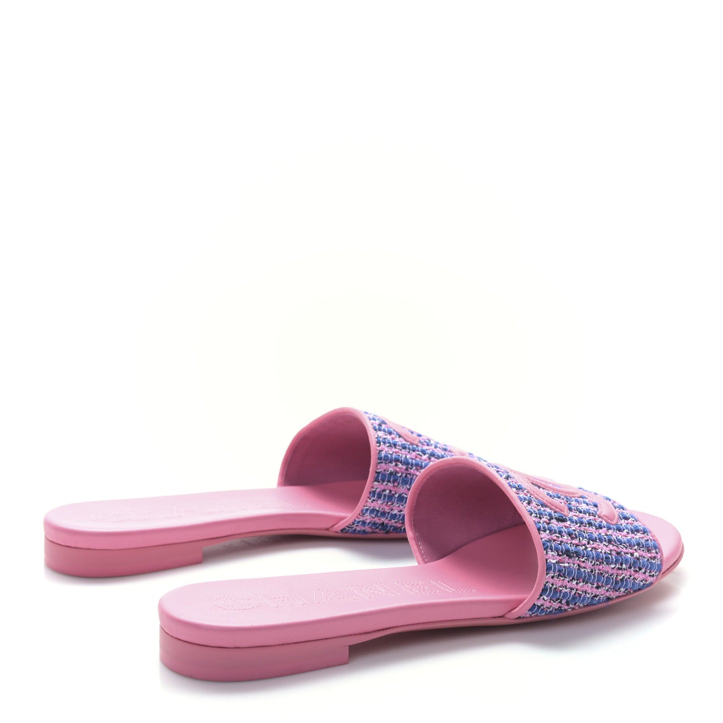 Tweed Lambskin CC Mules 37.5 Pink Blue