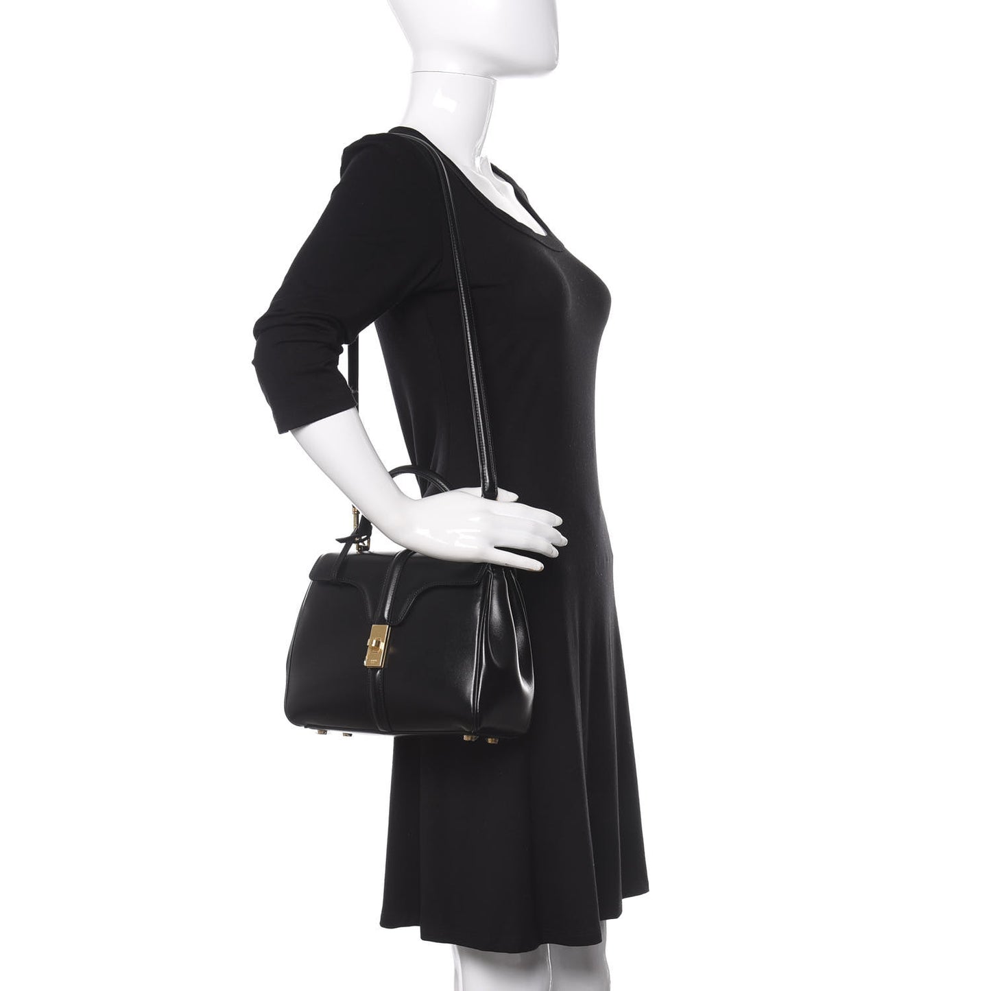 Satinated Calfskin Small 16 Top Handle Bag Black